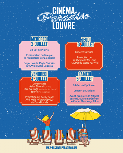 cinema,paris,mk2,cinéma paradiso louvre,sofia coppola,wong kair wai,cour carrée du louvre,kleber mendoça filho,l'agent secret,in the mood for love de wong kar-wai,plaza cinema club,hp$otel plaza athénée,dorchester collection,casino royale de martin campbell,le fabuleux destin d'amélie poulain,projection en plein air,luxe,hôtel,le sens de la fête,musée du louvre,l'été à paris