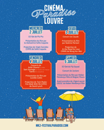 cinema,paris,mk2,cinéma paradiso louvre,sofia coppola,wong kair wai,cour carrée du louvre,kleber mendoça filho,l'agent secret,in the mood for love de wong kar-wai,plaza cinema club,hp$otel plaza athénée,dorchester collection,casino royale de martin campbell,le fabuleux destin d'amélie poulain,projection en plein air,luxe,hôtel,le sens de la fête,musée du louvre,l'été à paris